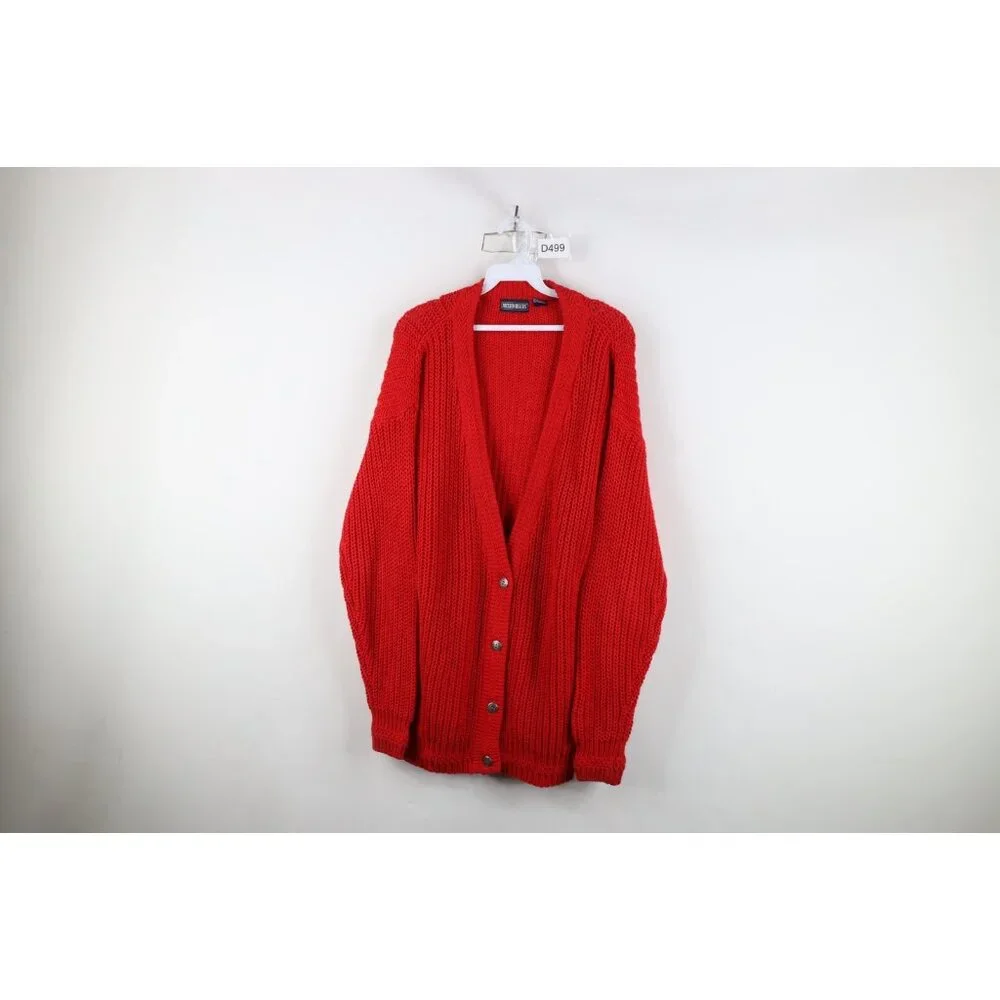 Vtg 90s Streetwear Womens Medium Faded Chunky Ribbed Knit Baggy Cardigan Sweater - Picture 1 of 9